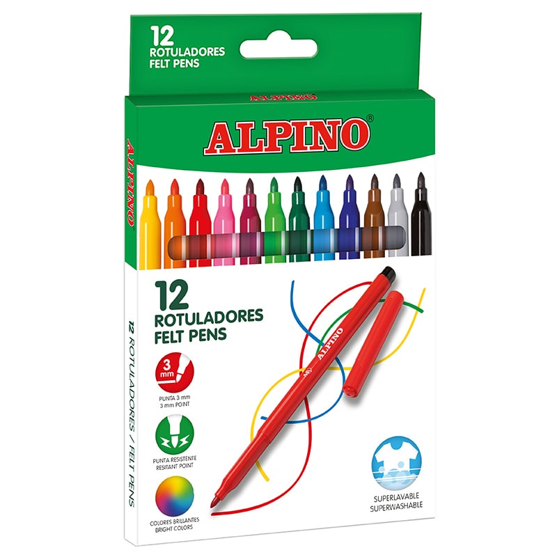 Rotuladores Alpino Standard 12 Colores Pack Promo 12 Cajas Rotuladores + 6  Cajas Lapices Plastialpino 12 — Firpack